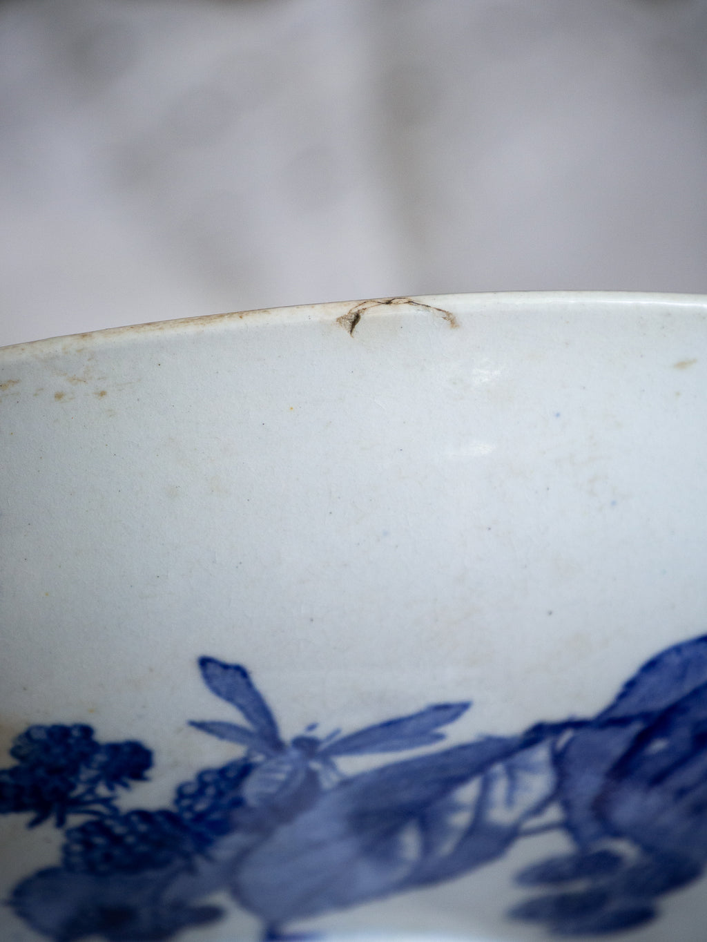 Compotier sur pied en faïence blanche ancienne française, orné d'un motif de libellule bleue et de fleurs. 