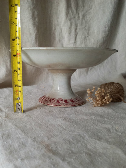 French antique ironstone/earthenware white patinated footed-dish with a pretty burgandy colour floral pattern with a tape measure for reference