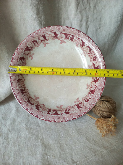French antique ironstone/earthenware white patinated footed-dish with a pretty burgandy colour floral pattern with a tape measure for reference