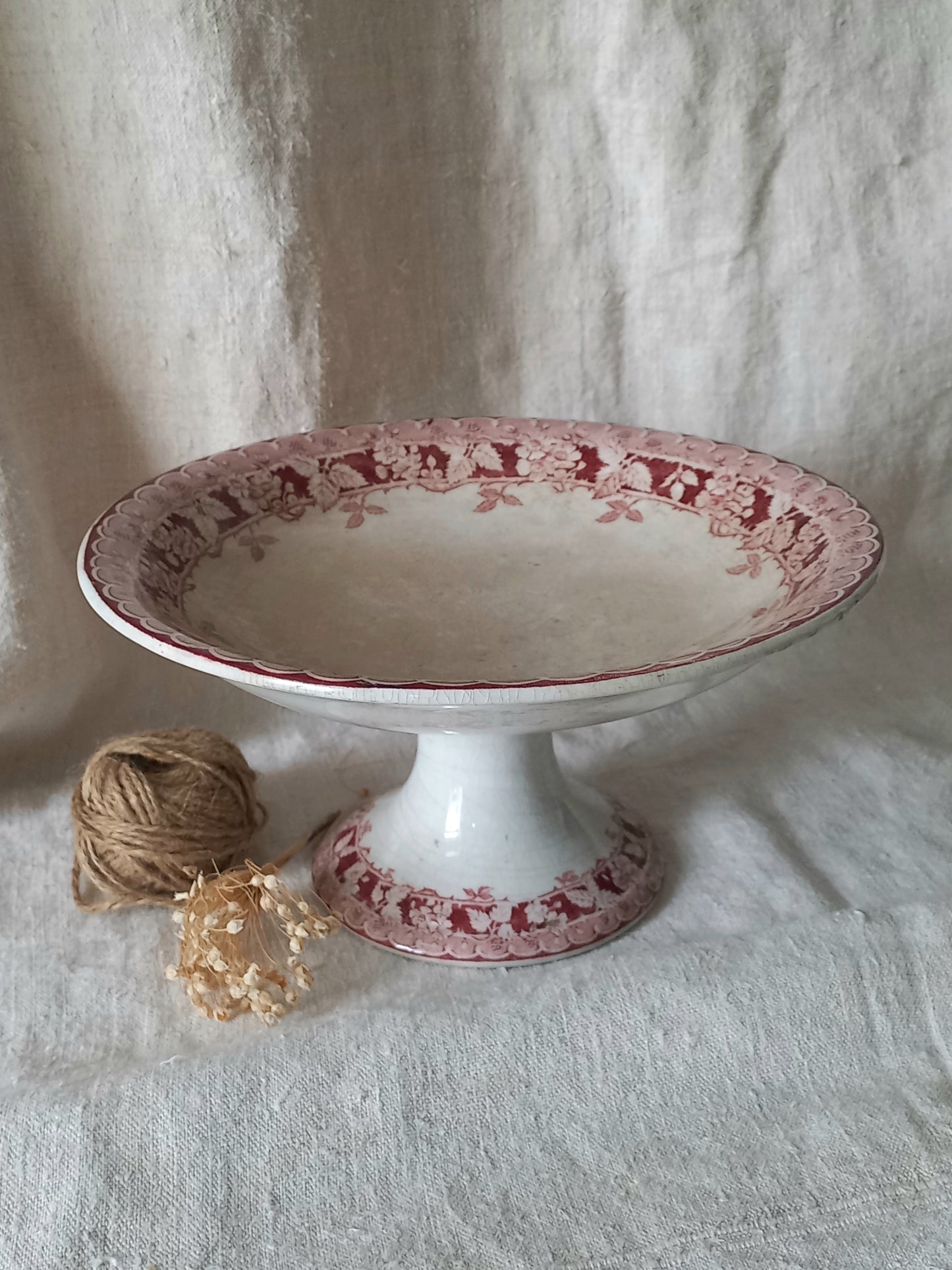 French antique ironstone/earthenware white patinated footed-dish with a pretty burgandy colour floral pattern 