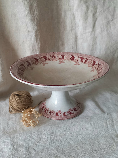 French antique ironstone/earthenware white patinated footed-dish with a pretty burgandy colour floral pattern 