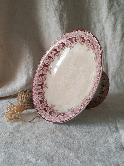 French antique ironstone/earthenware white patinated footed-dish with a pretty burgandy colour floral pattern