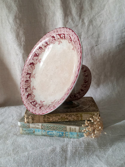 French antique ironstone/earthenware white patinated footed-dish with a pretty burgandy colour floral pattern 