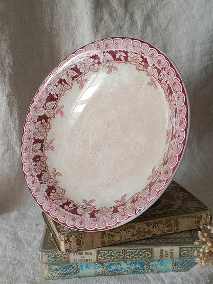 French antique ironstone/earthenware white patinated footed-dish with a pretty burgandy colour floral pattern