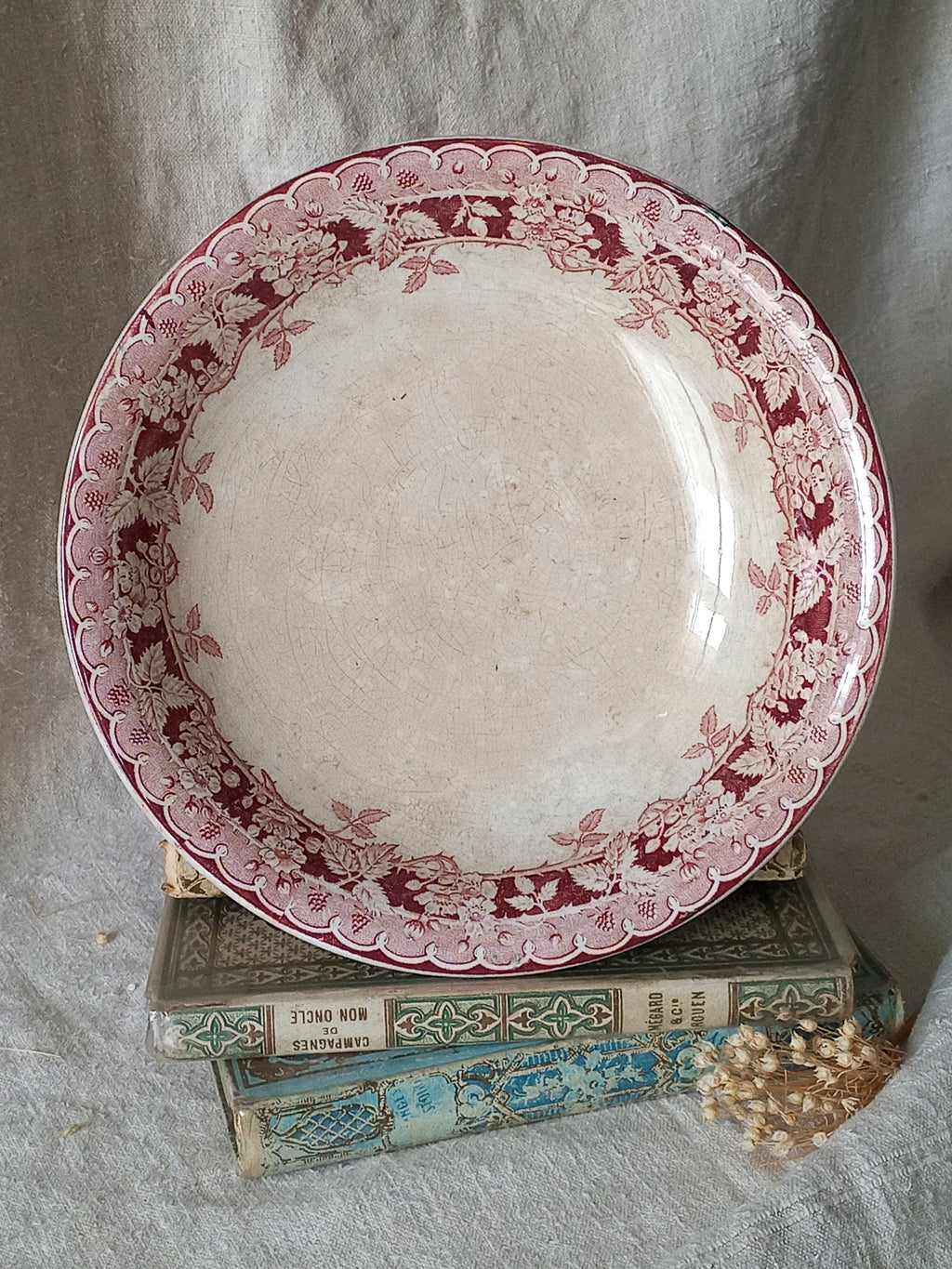 French antique ironstone/earthenware white patinated footed-dish with a pretty burgandy colour floral pattern