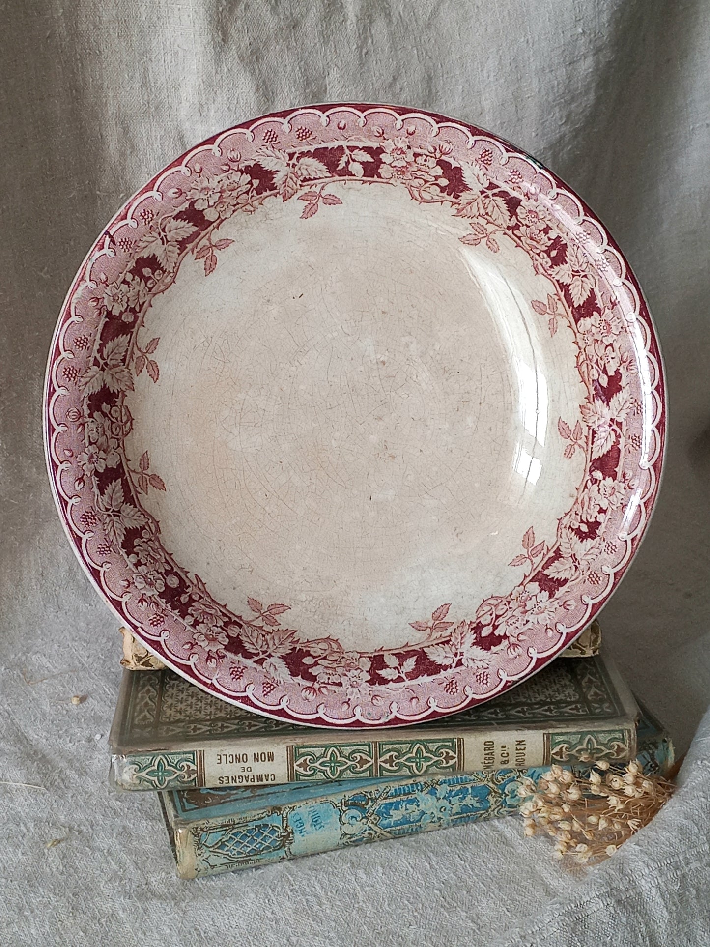 French antique ironstone/earthenware white patinated footed-dish with a pretty burgandy colour floral pattern