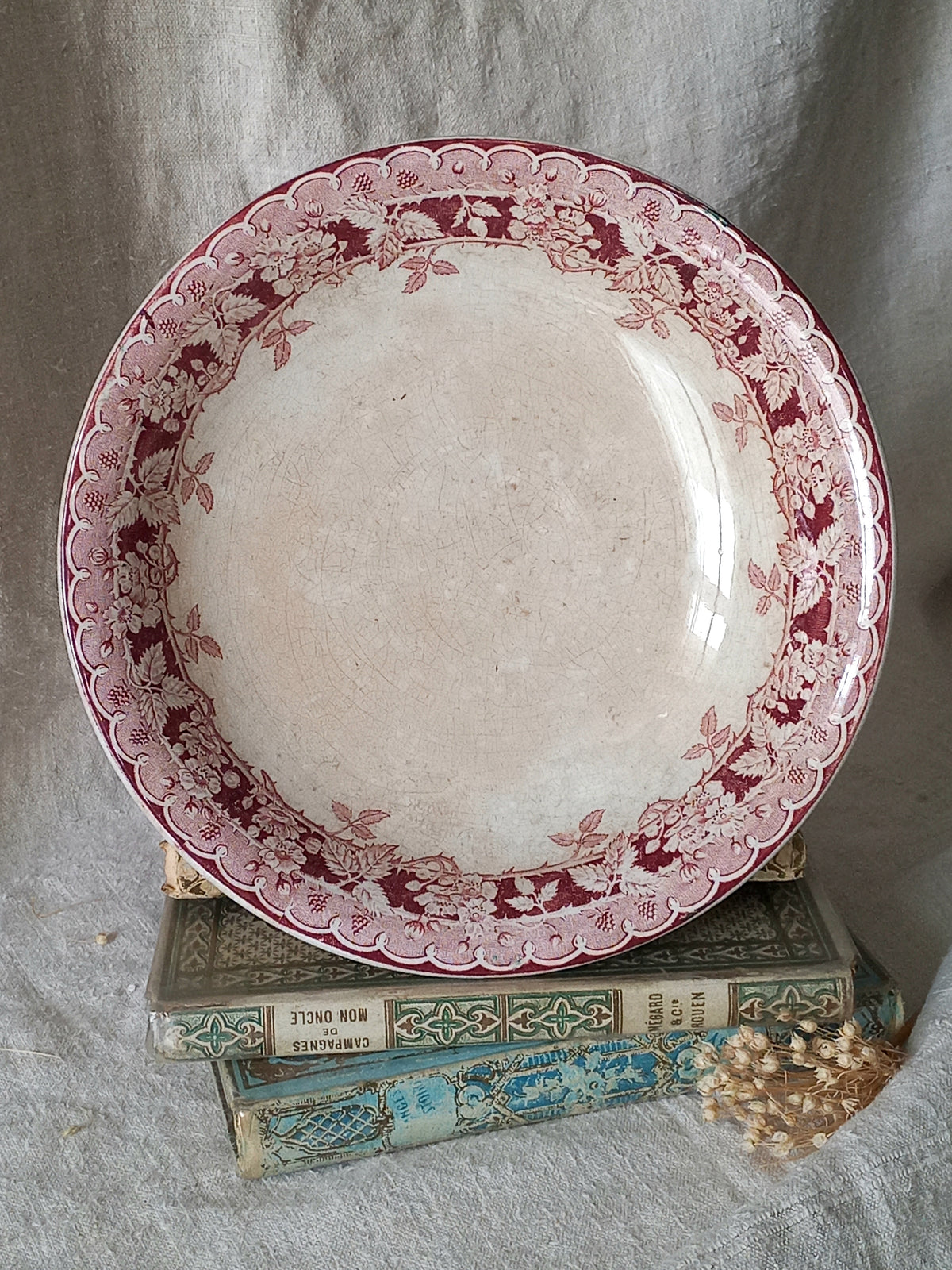 French antique ironstone/earthenware white patinated footed-dish with a pretty burgandy colour floral pattern