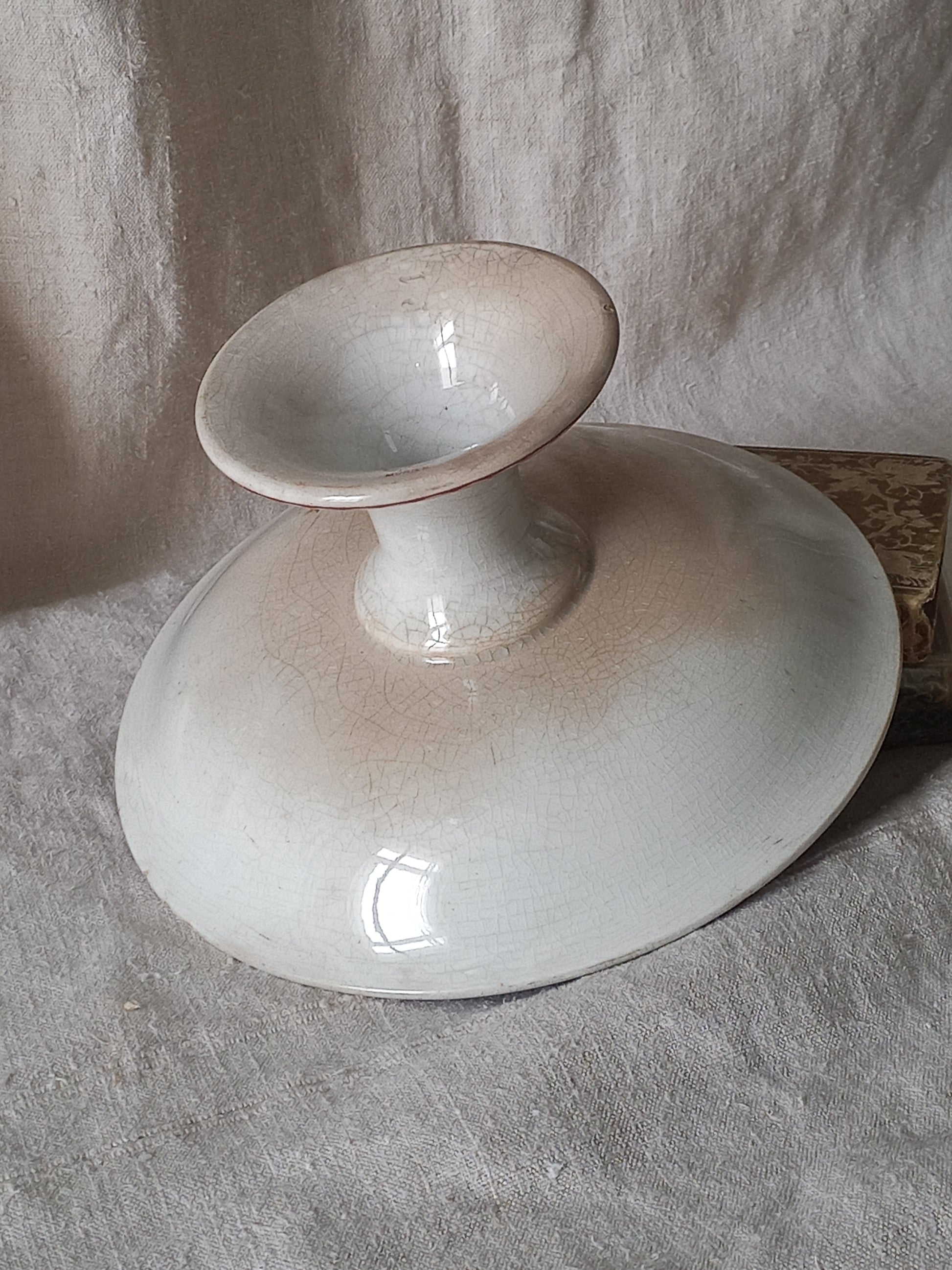 French antique ironstone/earthenware white patinated footed-dish with a pretty burgandy colour floral pattern