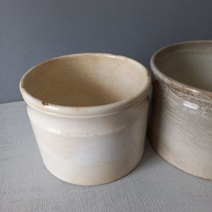 Pair antique ironstone jam pots or preserve pots, Creil et Montereau tea-stained storage pots