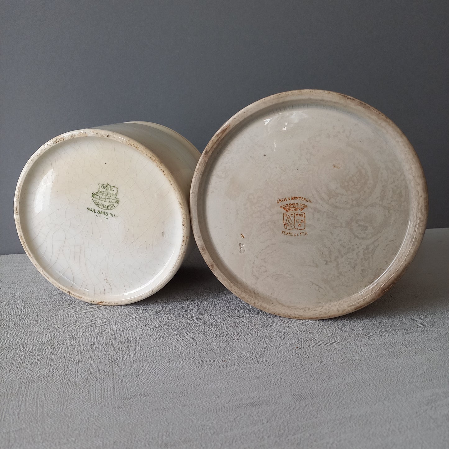 Pair antique ironstone jam pots or preserve pots, Creil et Montereau tea-stained storage pots