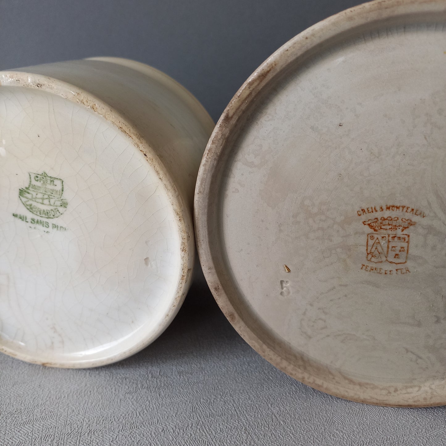 Pair antique ironstone jam pots or preserve pots, Creil et Montereau tea-stained storage pots