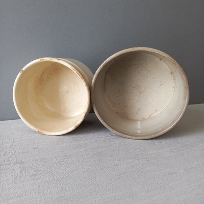 Pair antique ironstone jam pots or preserve pots, Creil et Montereau tea-stained storage pots