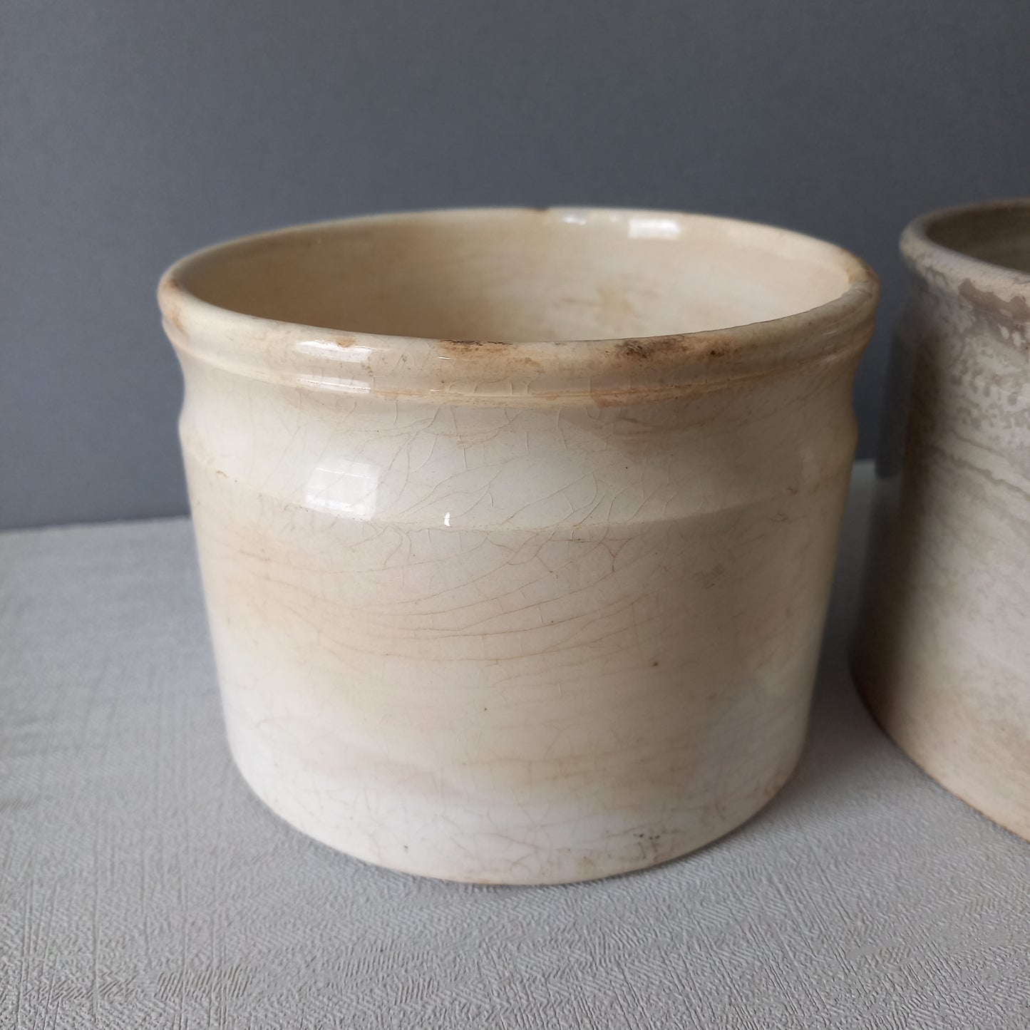 Pair antique ironstone jam pots or preserve pots, Creil et Montereau tea-stained storage pots