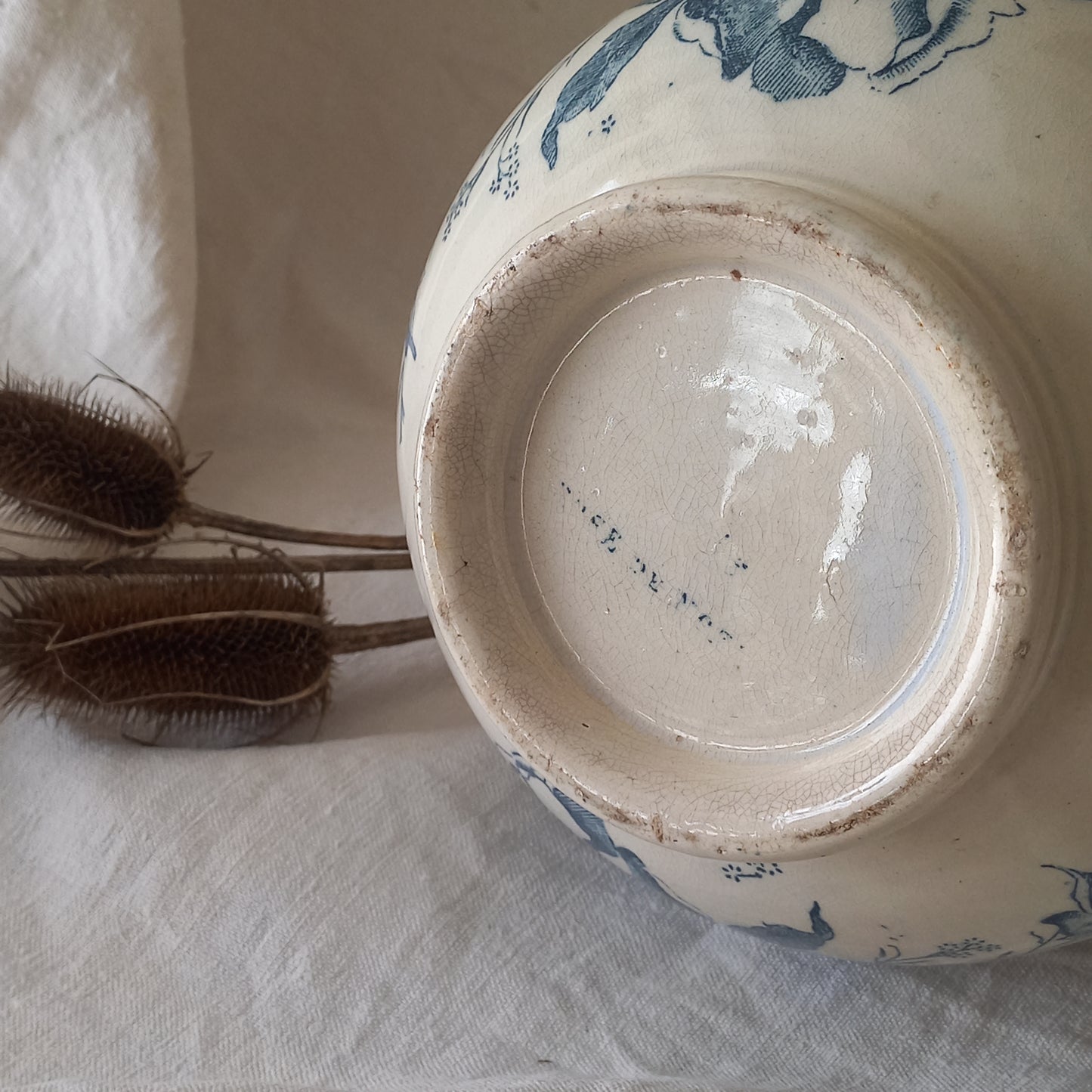 French Antique White Ironstone Jug Pitcher with Blue Floral Pattern