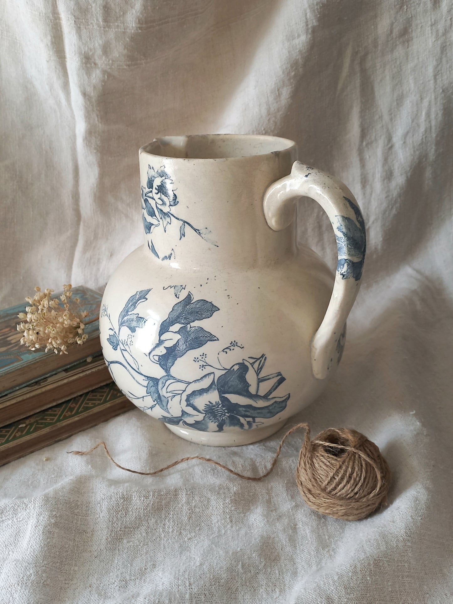 French Antique White Ironstone Jug Pitcher with Blue Floral Pattern