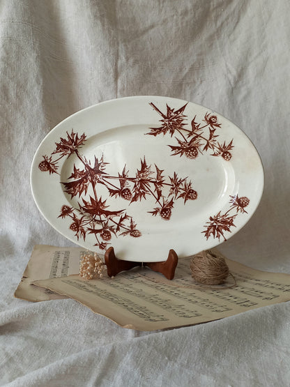 White plate with brown floral pattern on a textured surface