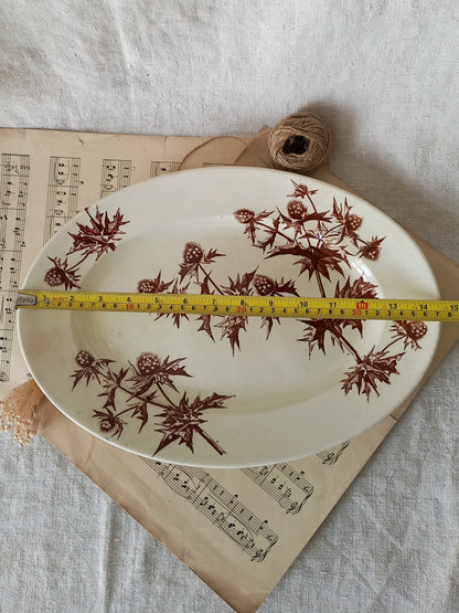 French Antique Oval Ironstone Plate or Platter with brown Floral Pattern
