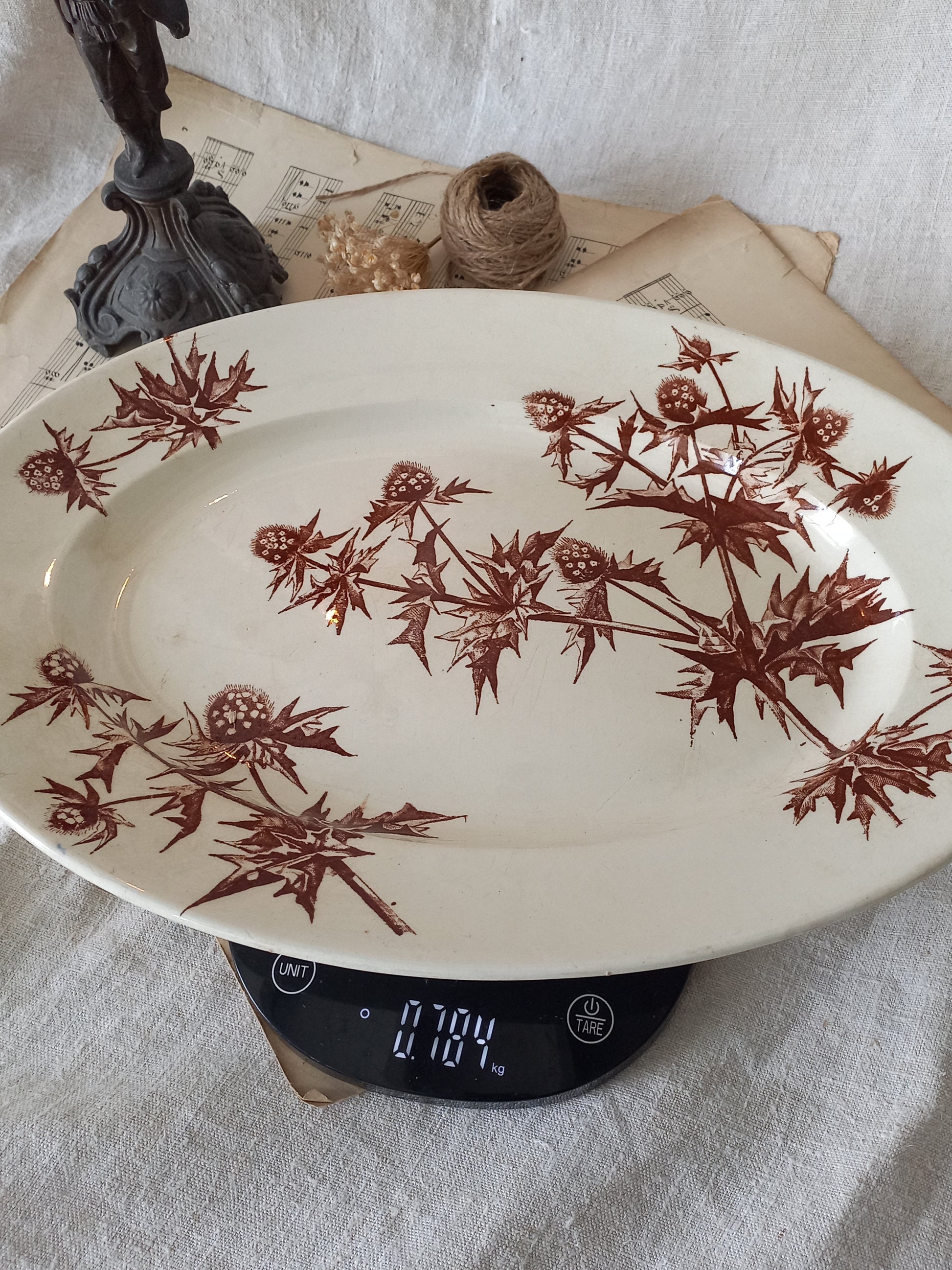French Antique Oval Ironstone Plate or Platter with brown Floral Pattern