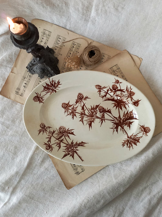 French Antique Oval Ironstone Plate or Platter with brown Floral Pattern