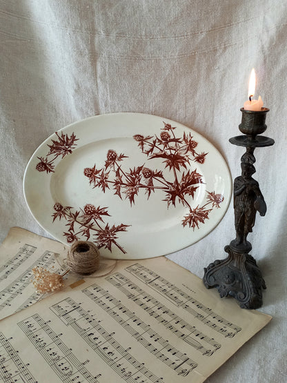 French Antique Oval Ironstone Plate or Platter with brown Floral Pattern