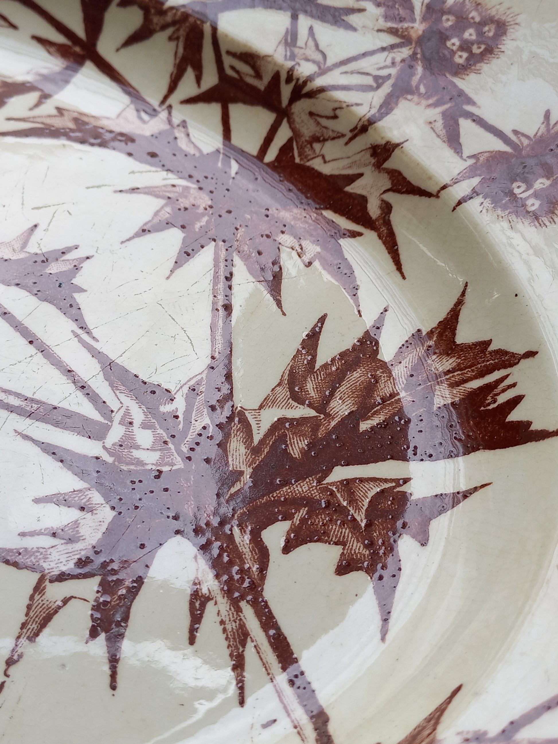 Detail of French Antique Oval Ironstone Plate or Platter with brown Floral Pattern