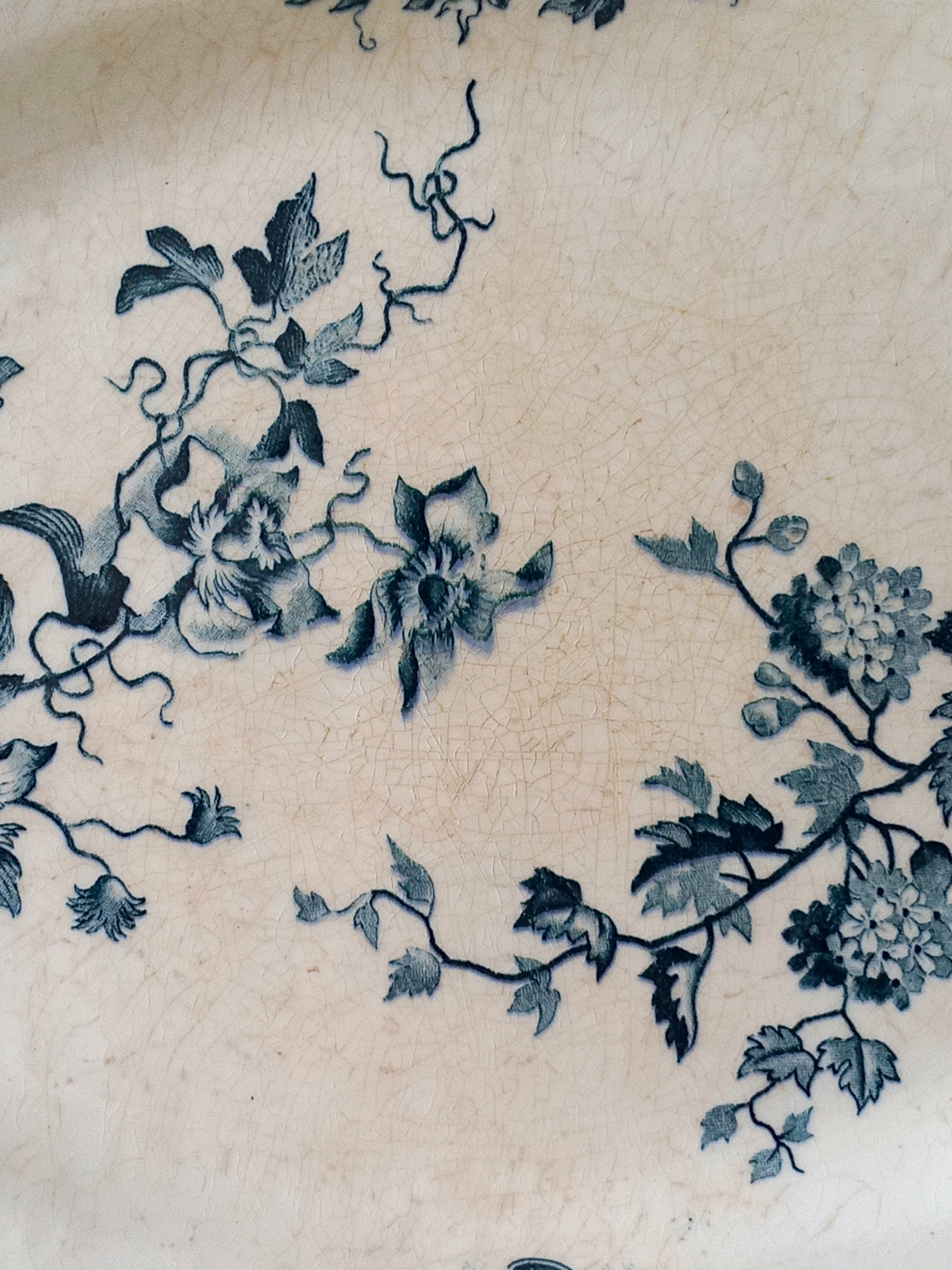 French Antique Ironstone Oval Plate with Blue Floral Pattern and Patina of Age