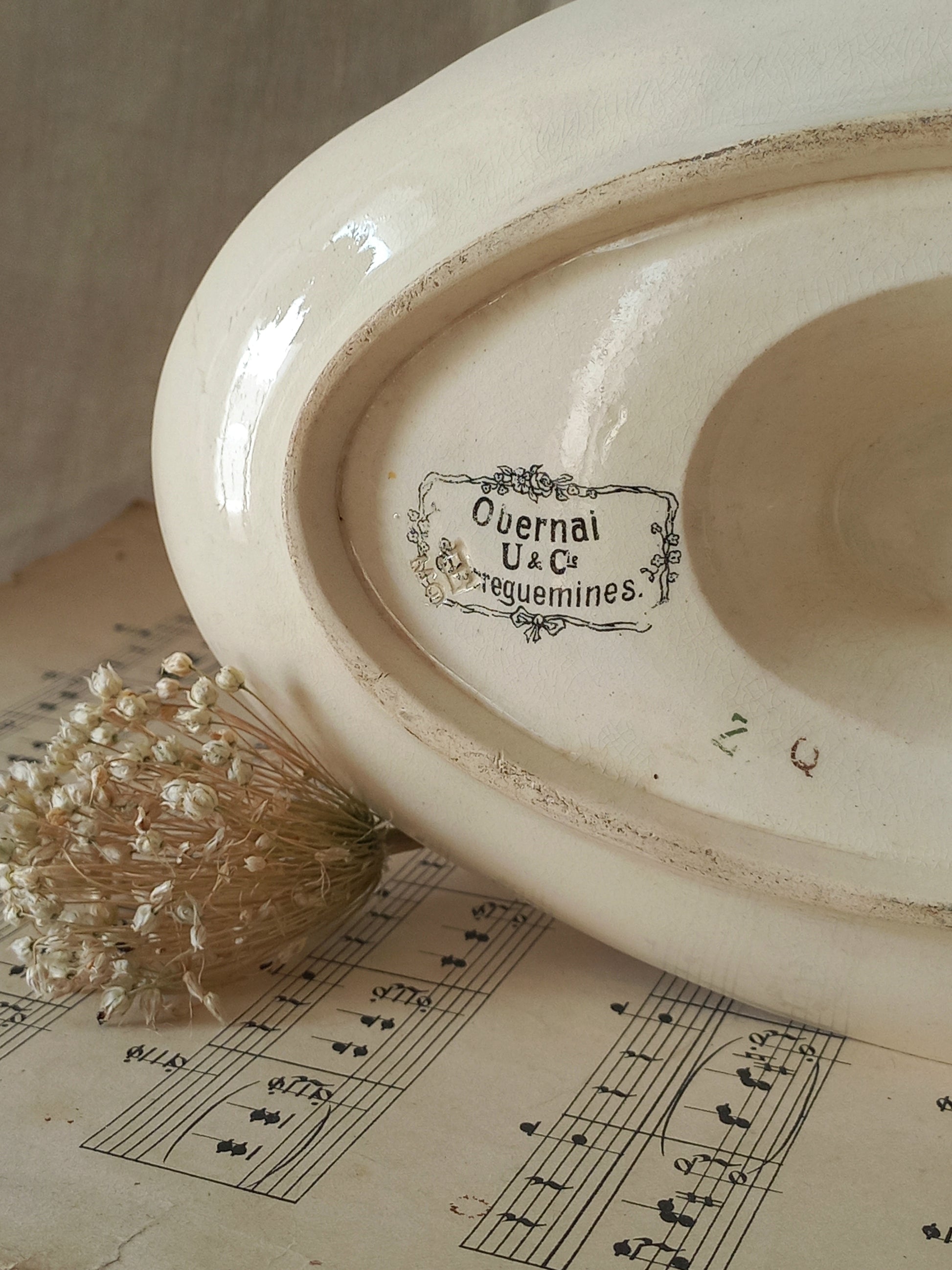 Stunning French vintage ironstone gravy boat with pretty floral patterns. This particular piece of ironstone was manufactured by premier French company, Sarreguemines. 