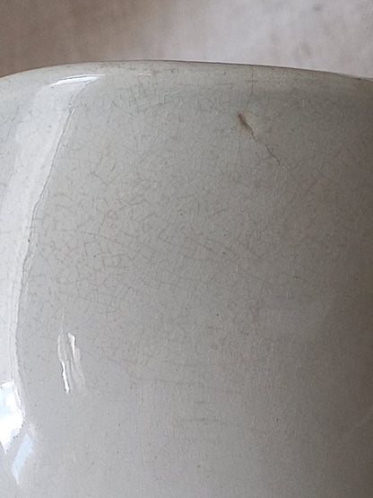 Close-up of a French antique white ironstone jug or pitcher with swan neck handle in a decorative setting.