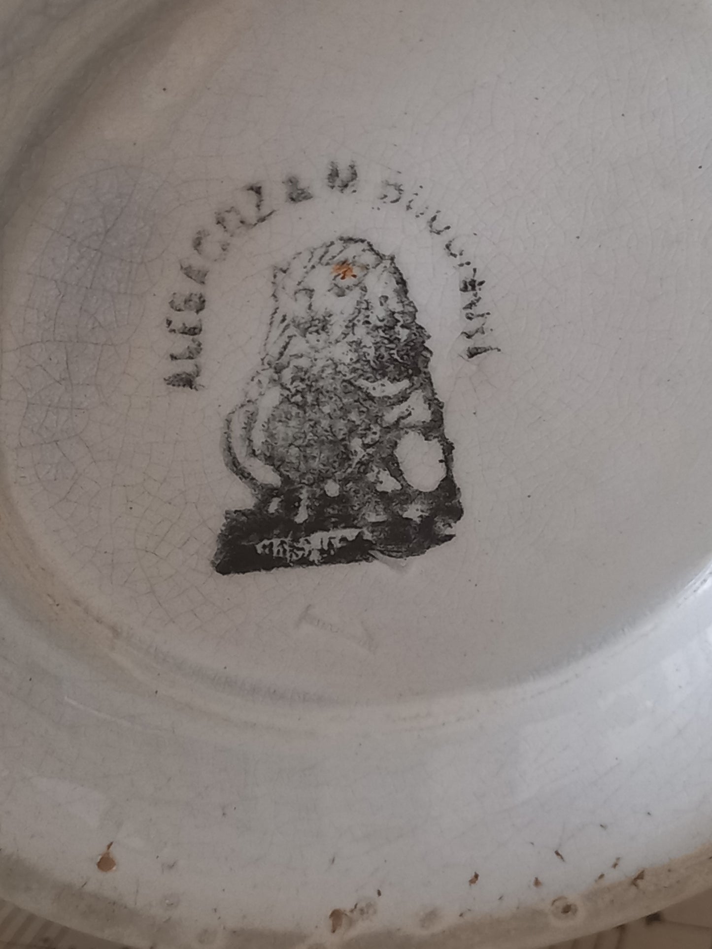 Close-up of a French antique white ironstone jug or pitcher with swan neck handle in a decorative setting.