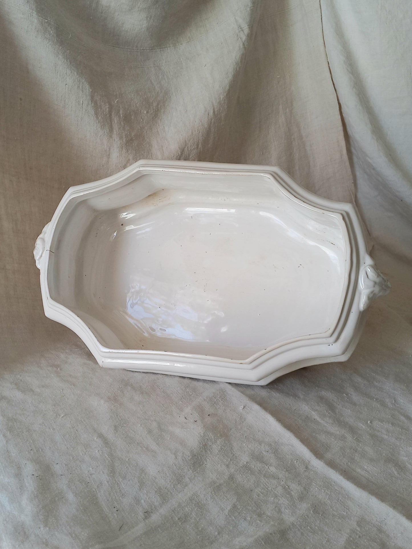 Interior of an antique white ceramic planter with a lion head relief on the front and claw-footed base, set against a draped beige fabric background.