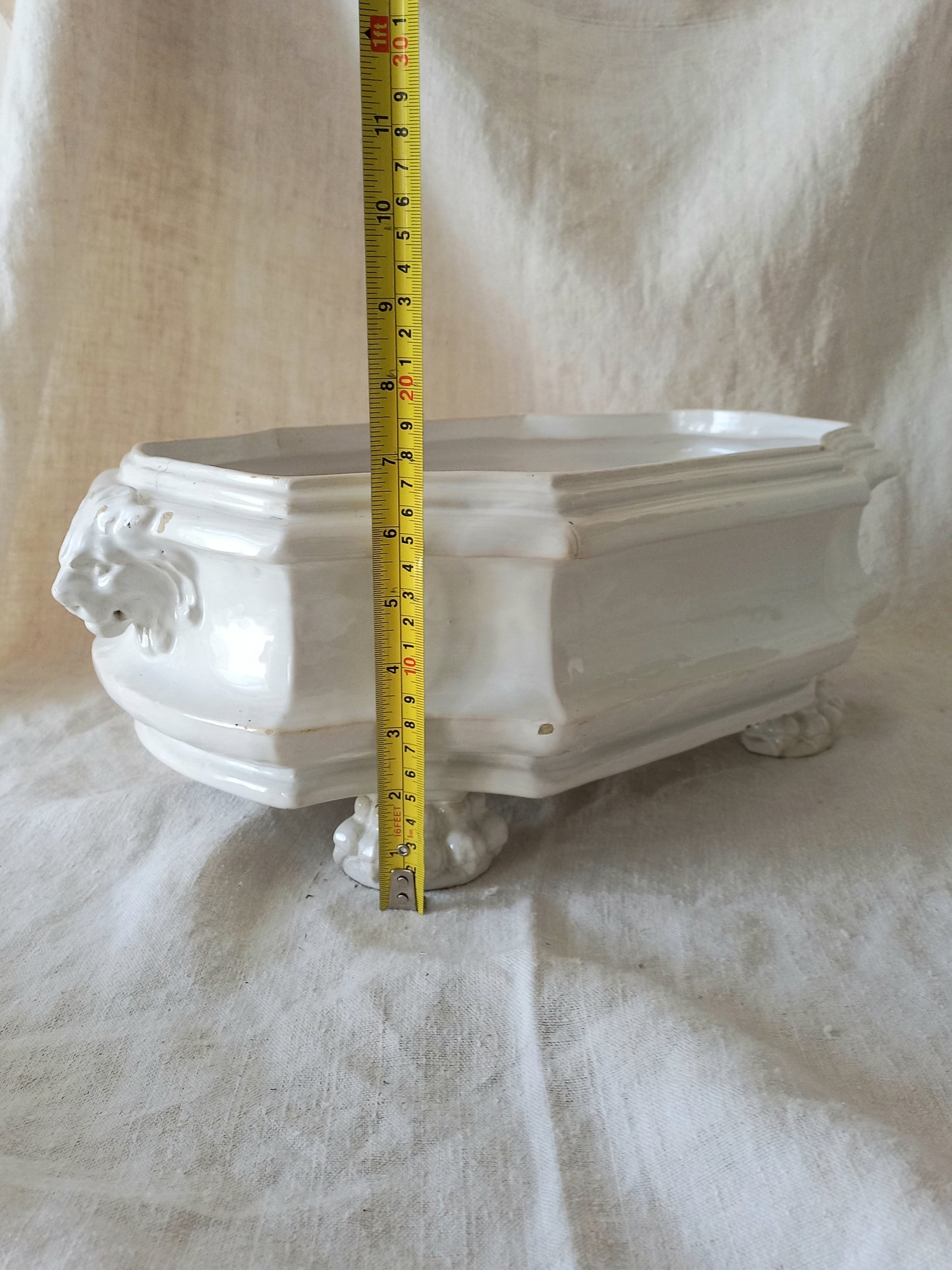 antique white ceramic planter with a lion head relief on the front and claw-footed base, set against a draped beige fabric background with tape measure for reference.