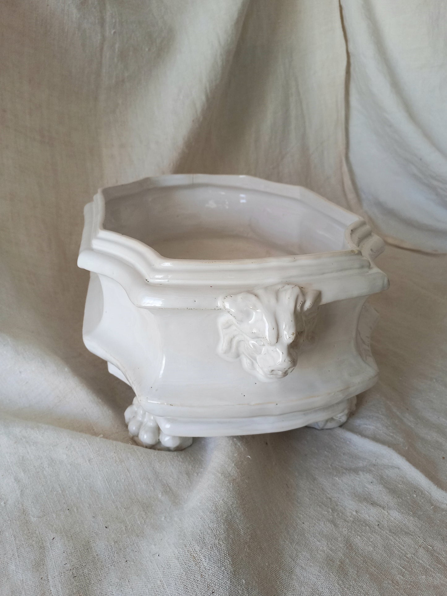 Close-up detail of antique white ceramic planter with a lion head relief on the front and claw-footed base, set against a draped beige fabric background.