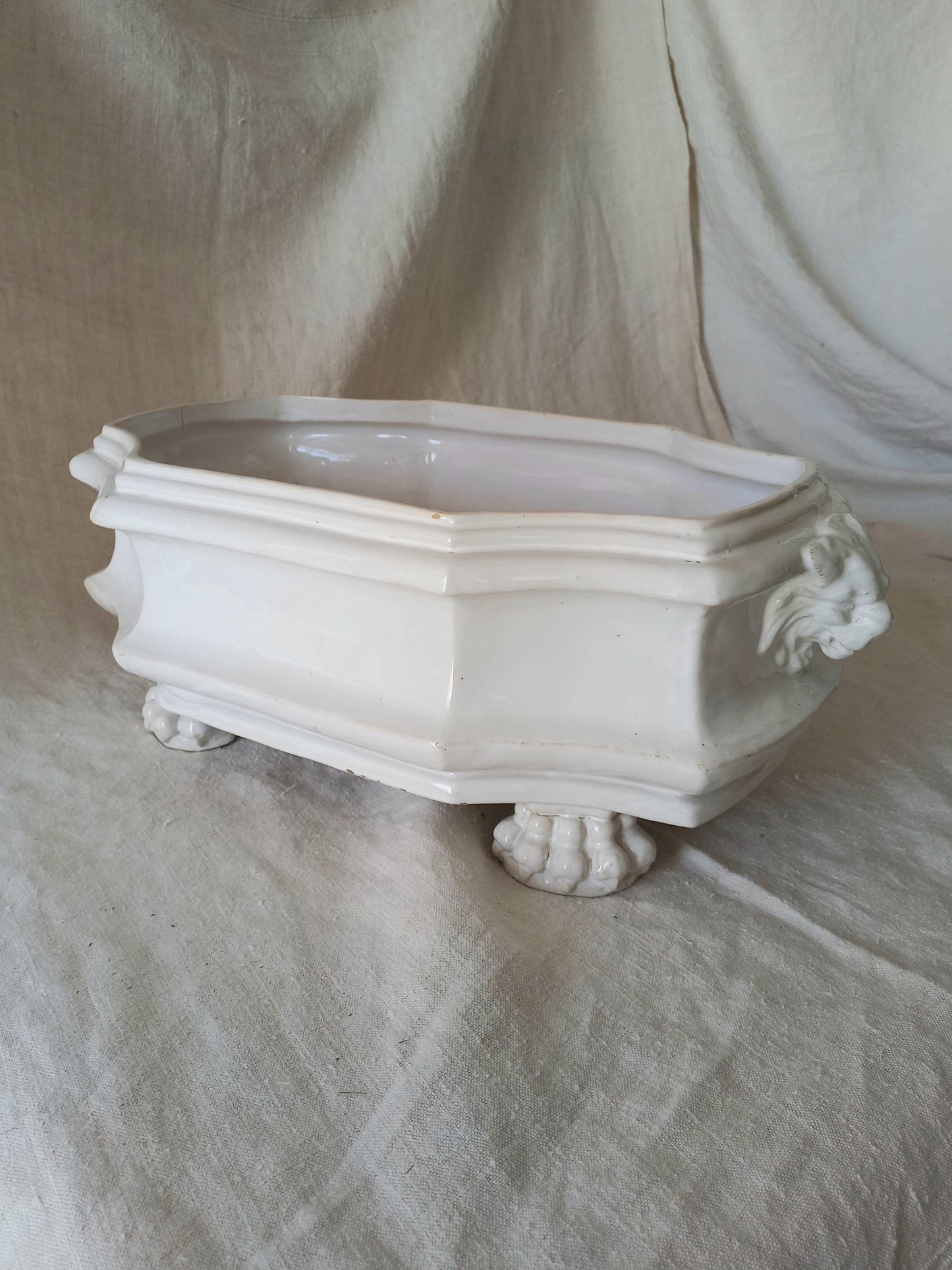 Close-up detail of antique white ceramic planter with a lion head relief on the front and claw-footed base, set against a draped beige fabric background.