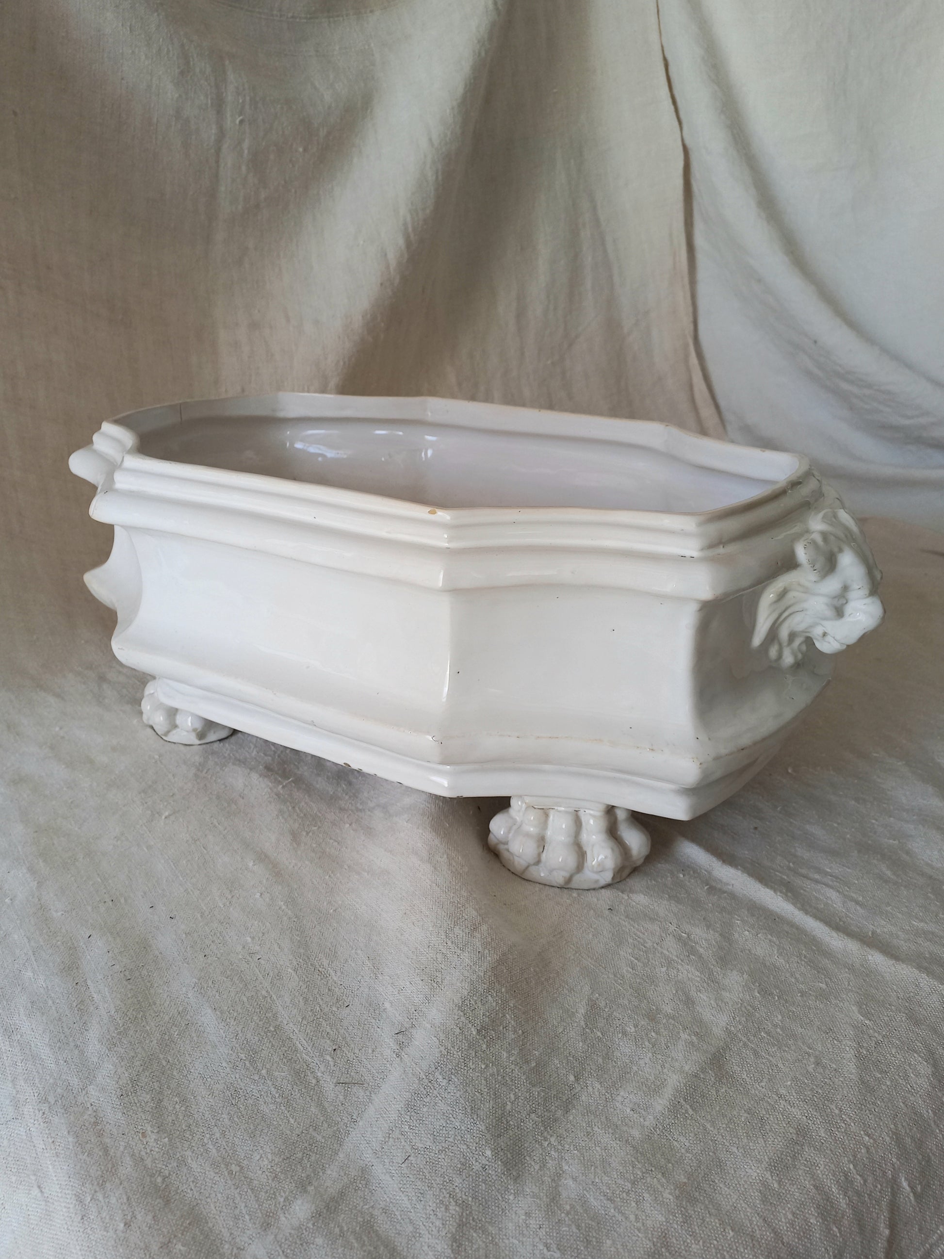 Close-up detail of antique white ceramic planter with a lion head relief on the front and claw-footed base, set against a draped beige fabric background.