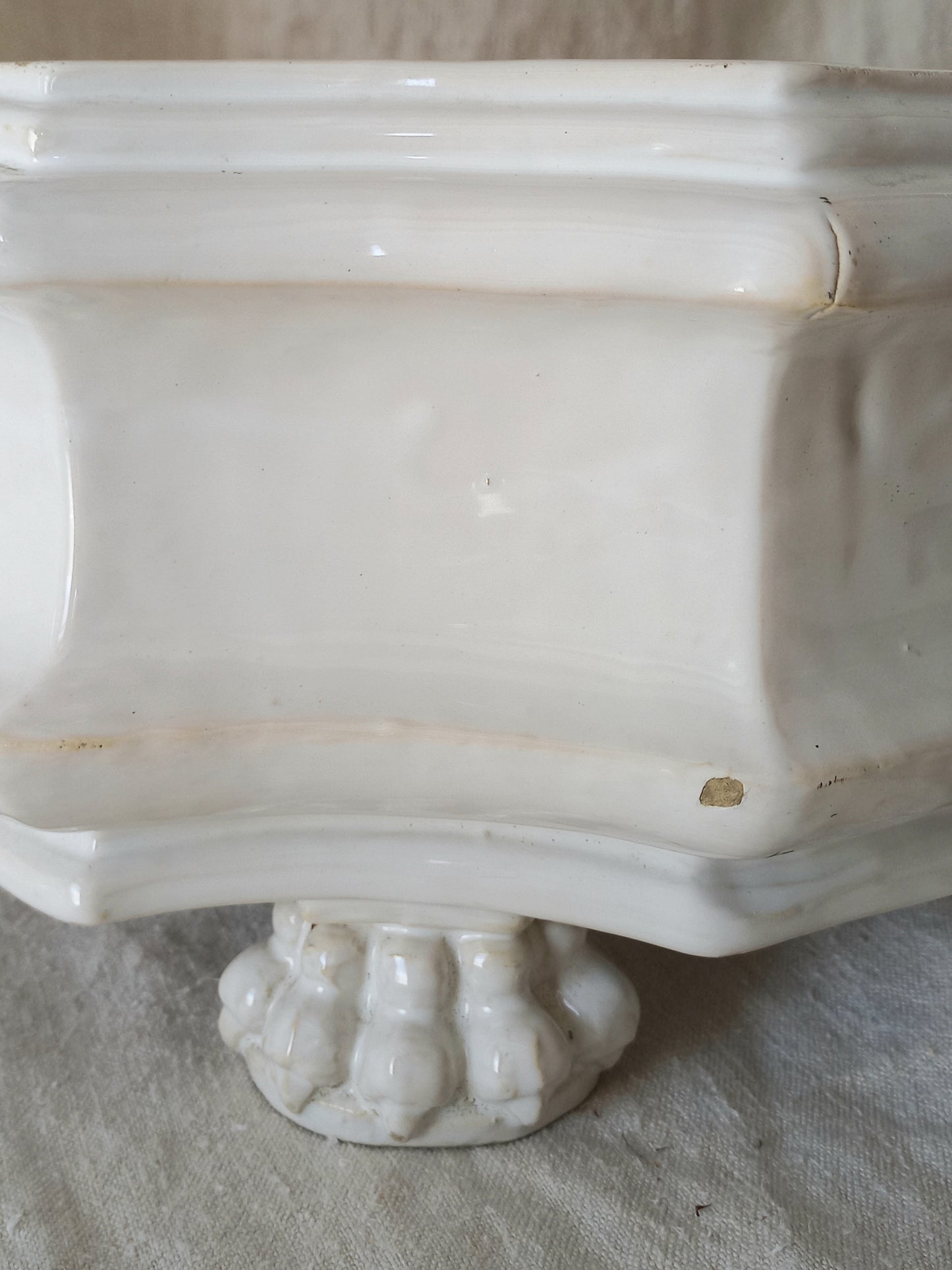 Close-up detail of antique white ceramic planter with a lion head relief on the front and claw-footed base, set against a draped beige fabric background.