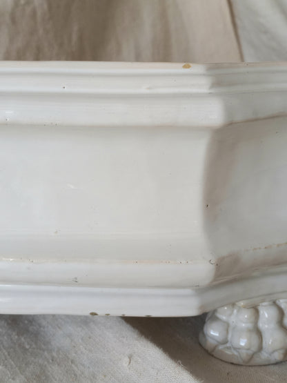 Close-up detail of antique white ceramic planter with a lion head relief on the front and claw-footed base, set against a draped beige fabric background.