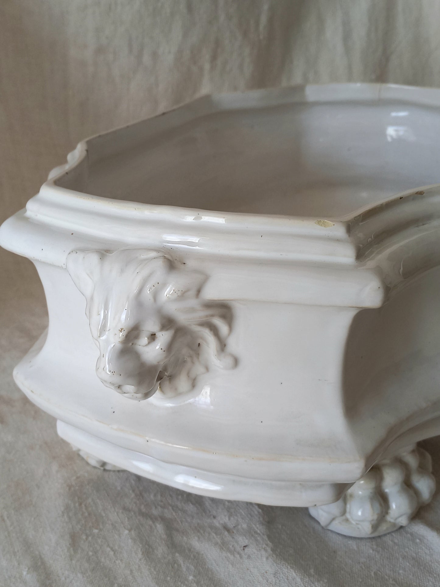 Close-up detail of antique white ceramic planter with a lion head relief on the front and claw-footed base, set against a draped beige fabric background.