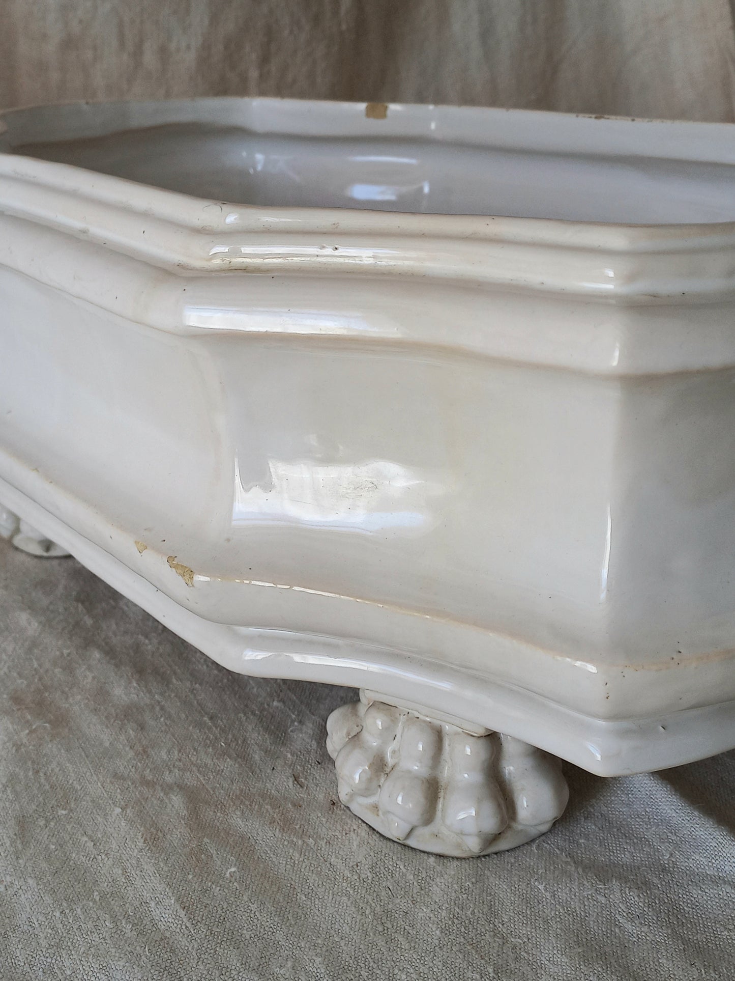 Close-up detail of antique white ceramic planter with a lion head relief on the front and claw-footed base, set against a draped beige fabric background.
