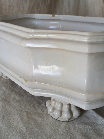 Close-up detail of antique white ceramic planter with a lion head relief on the front and claw-footed base, set against a draped beige fabric background.