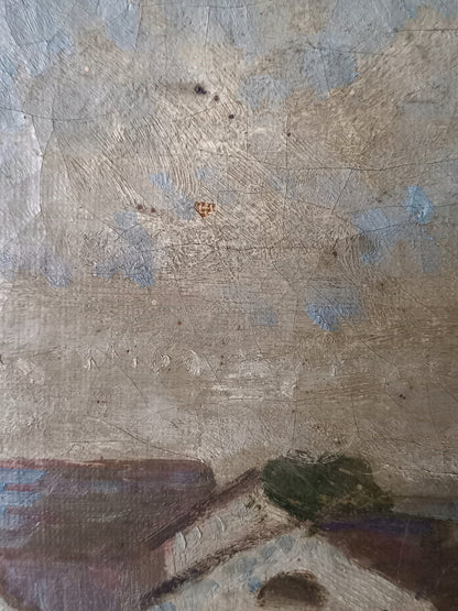 A close-up of a textured painting showing a rustic sky with blue patches and a small section of a house with a green tree above it.