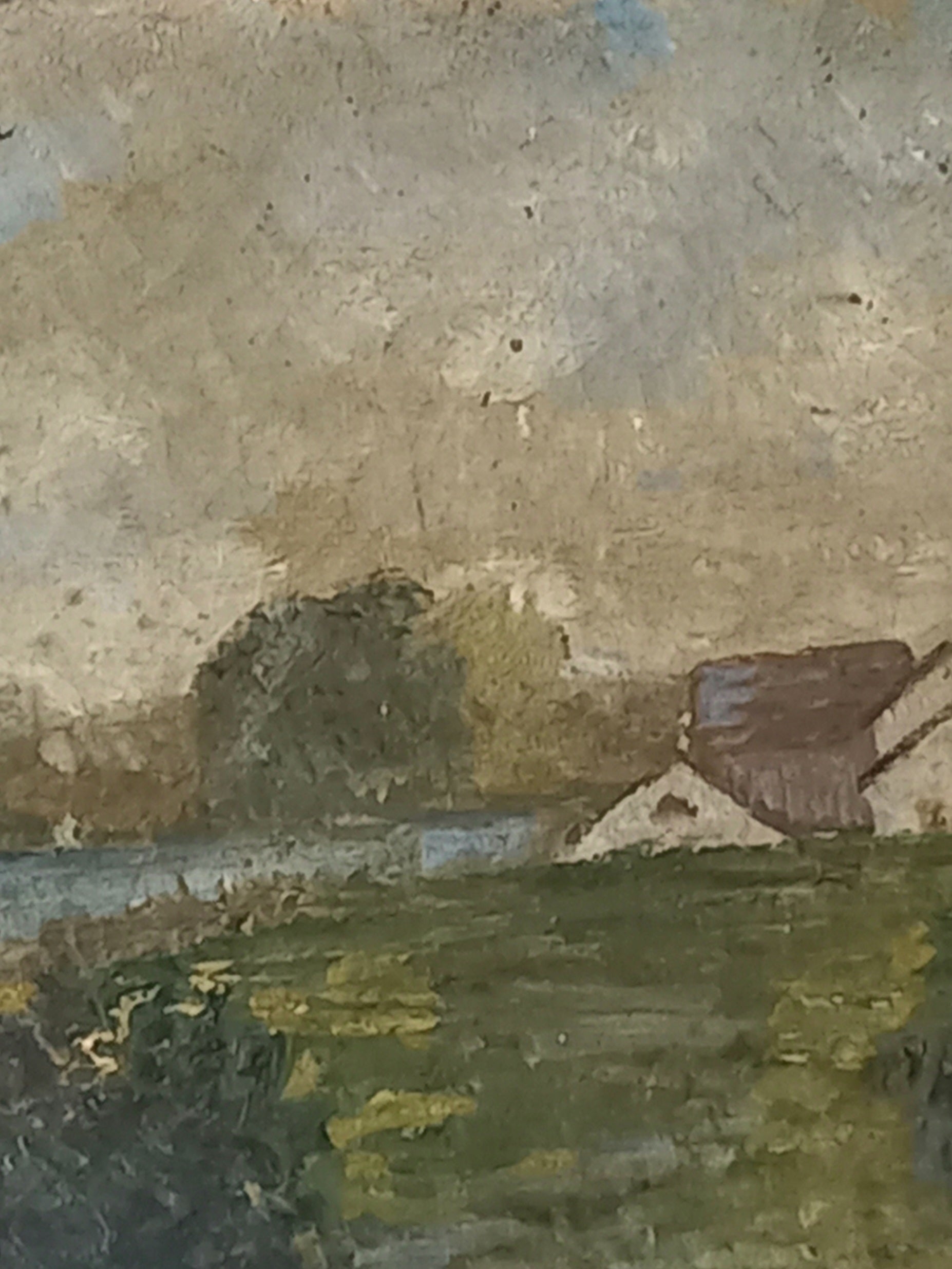 Impressionist-style landscape painting showing a grassy field, a tree, a body of water, and a small house under a cloudy sky.