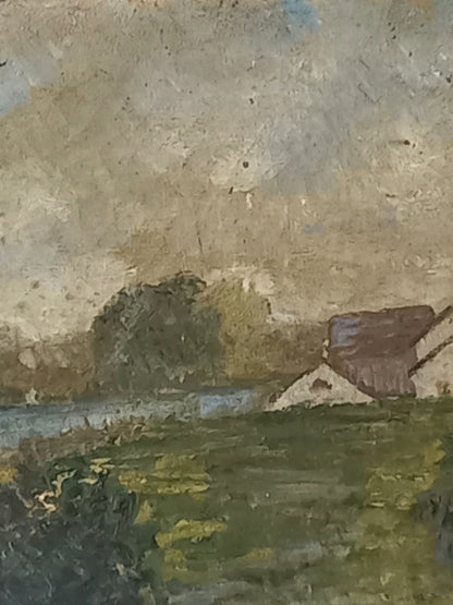 Impressionist-style landscape painting showing a grassy field, a tree, a body of water, and a small house under a cloudy sky.