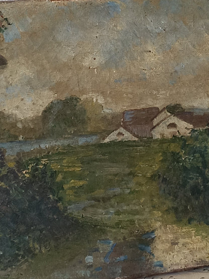 An impressionist landscape oil painting depicting a grassy field with a small house, trees, and a cloudy sky.