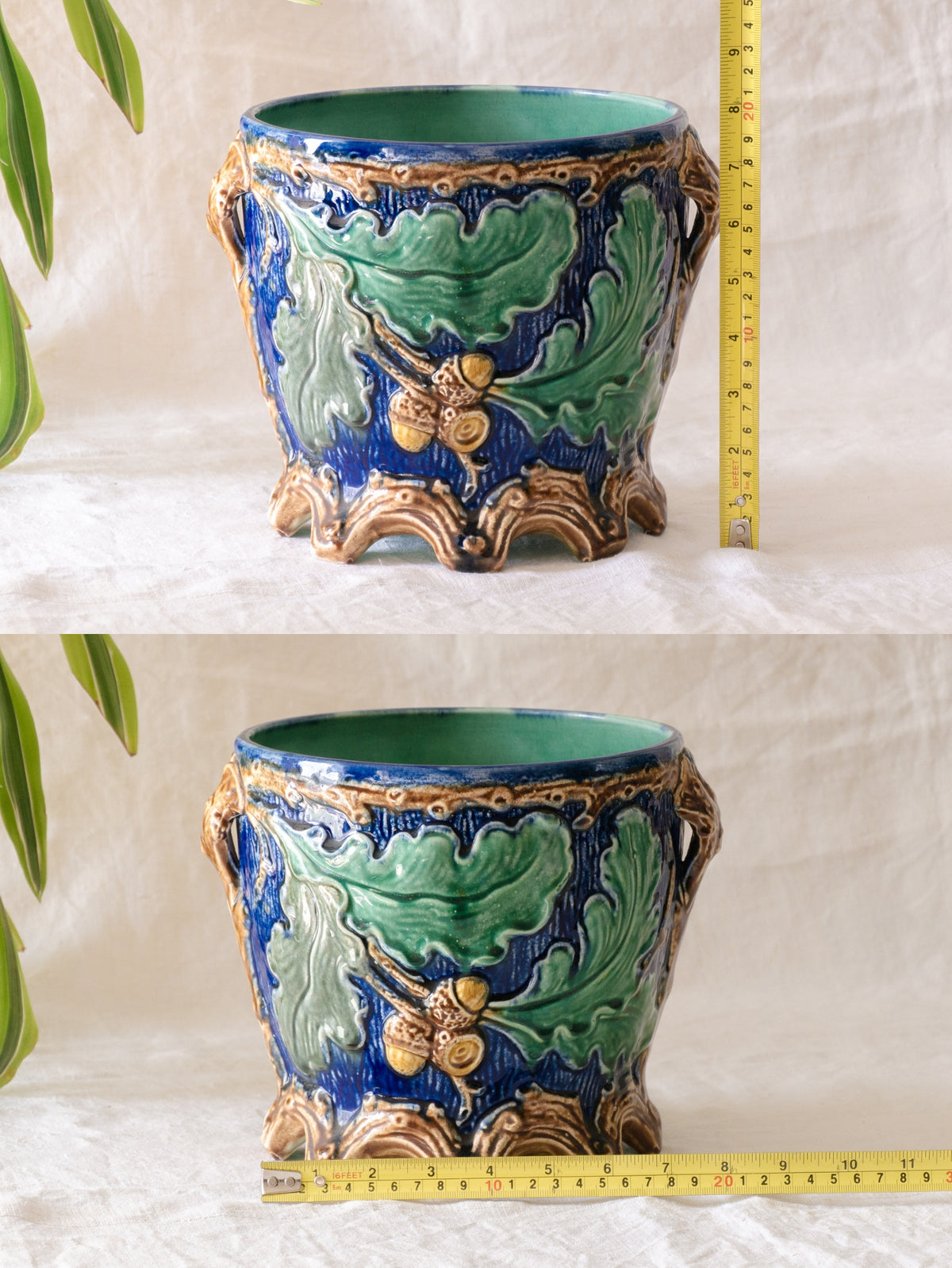 A stunning pair of French antique majolica planters, absolutely glorious fresh blue and green colours with oak leafs and acorns in relief making these stunning pieces of interior home decor wherever you decide to display them.

One of the planters has an antique repair in the form of metal staples that have been expertly done from the inside - in the 1800s and early 1900s this was quite a common repair to have made on items of high value and we feel it only adds to the authenticity/story of these pieces.