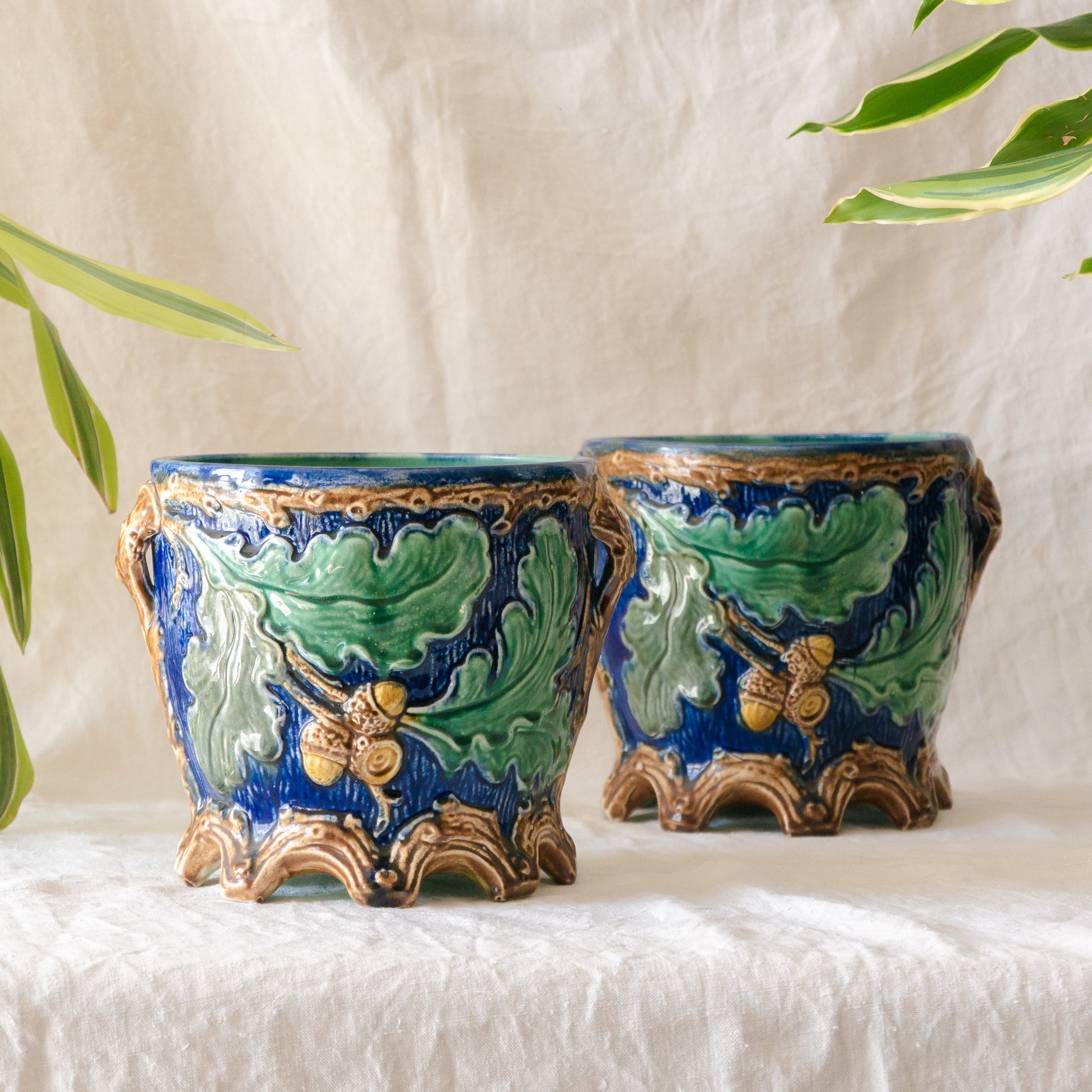 majolica plant pot Pair of French Antique Majolica Planters, Large Decorative Blue and Gr – oldcatvintage