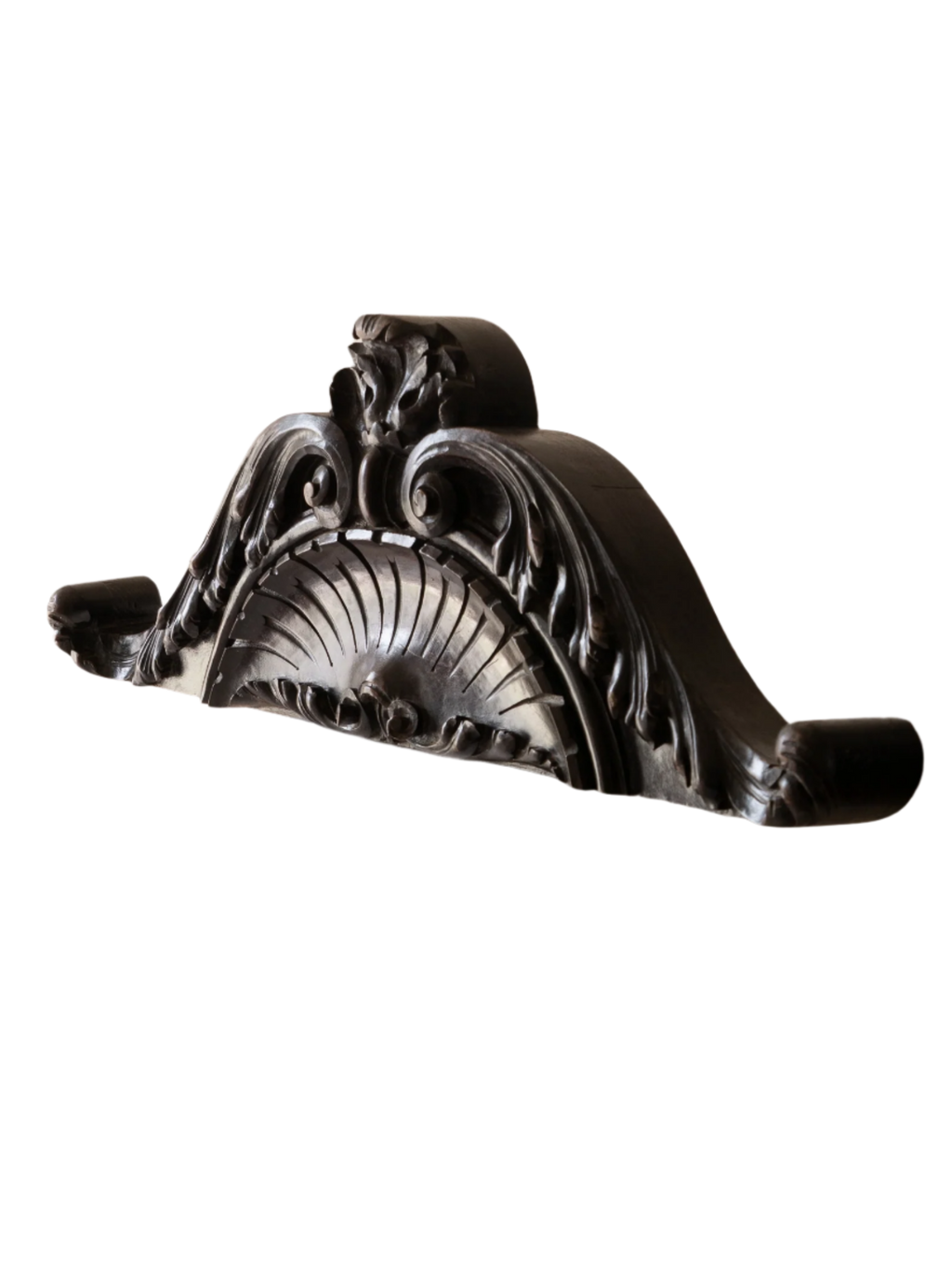 A stunning French antique carved dark wooden furniture pediment highly decorative and expertly crafted by a carpenter - this is a very heavy, quality piece and will look fabulous in any interior.