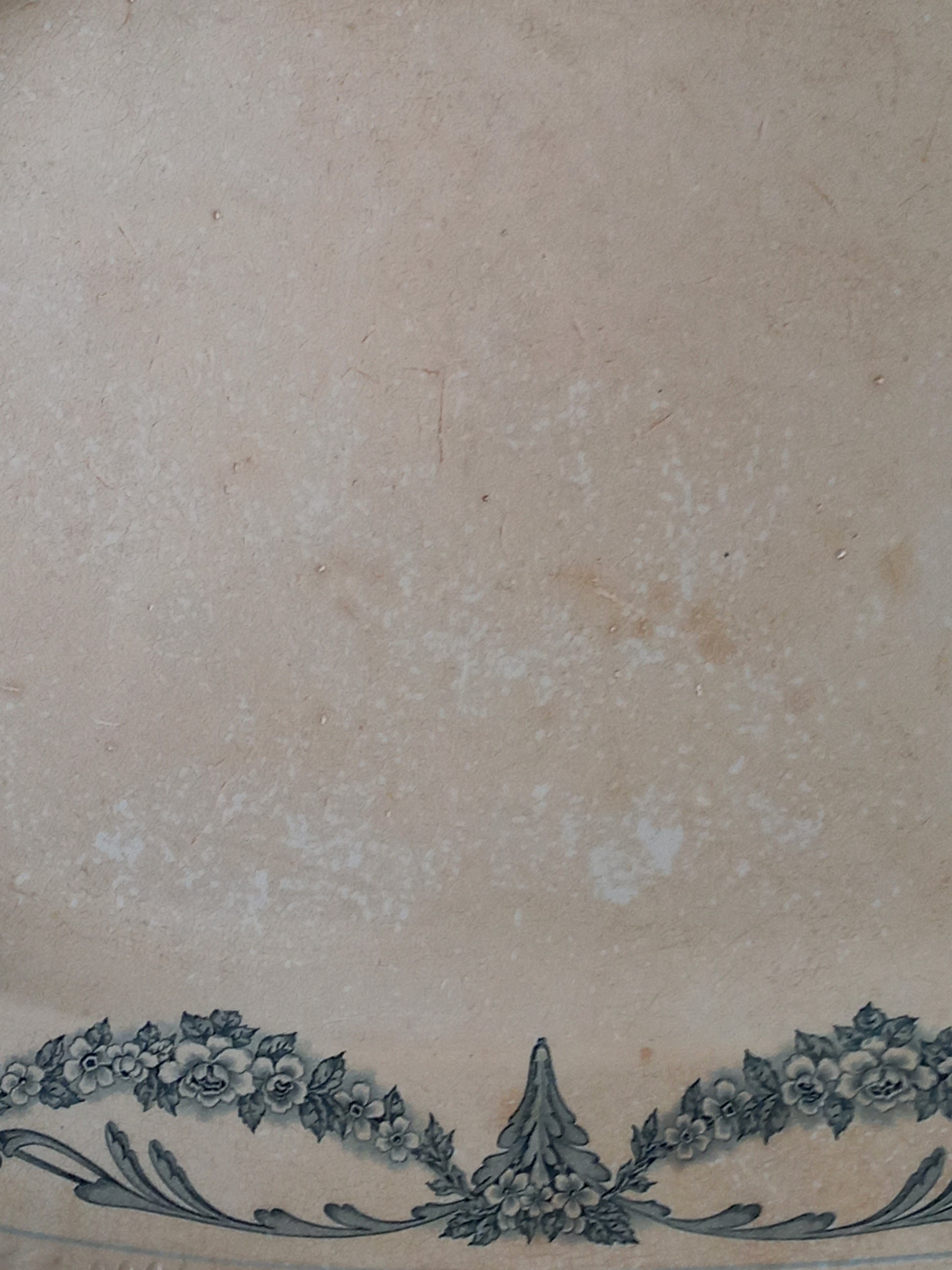 Close-up of antique aged white ironstone plate/platter with pretty blue floral pattern.