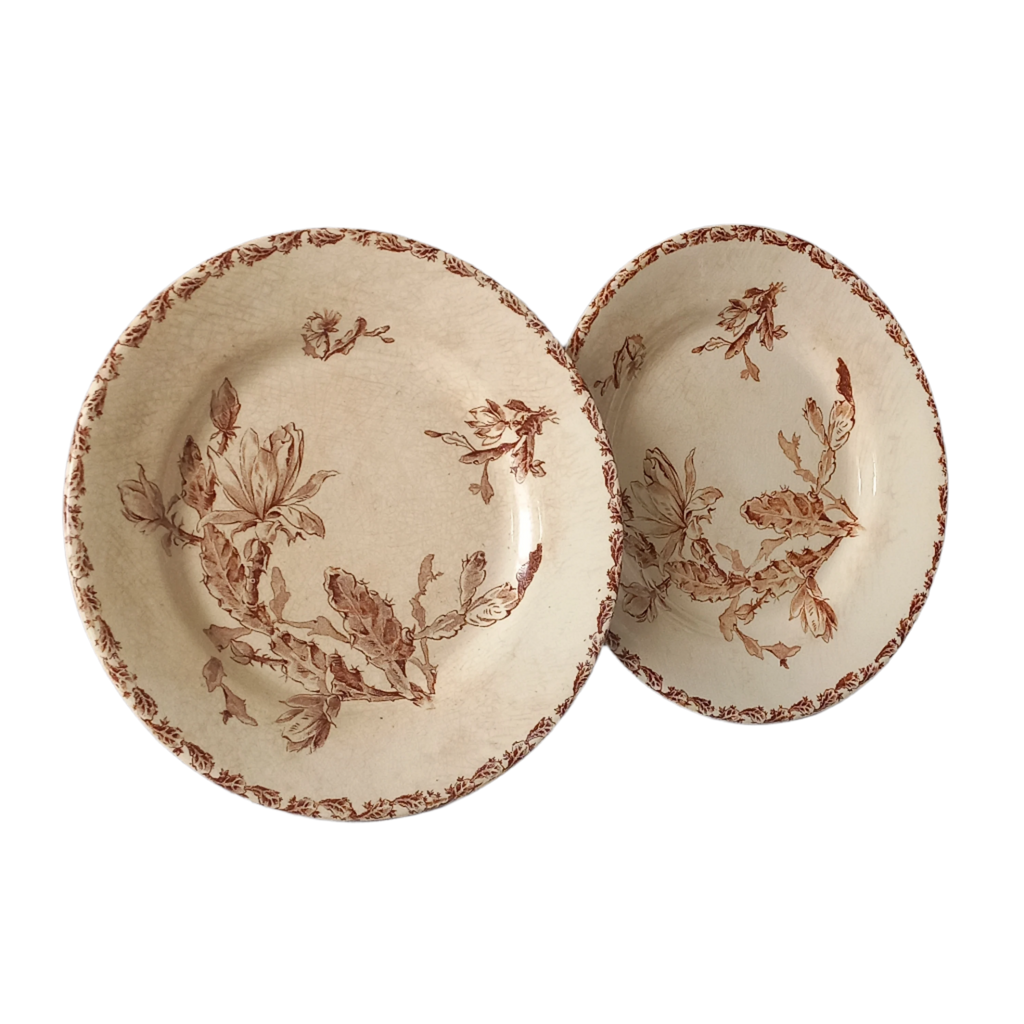 A fabulous pair of French antique ironstone creamy white plates with a sepia transferware pattern called 'Cactus' - these pieces were manufactured by famous French manufacturer Gien. They are wonderfully time-worn with lots of general crazing and horizontal crazing (see photos).