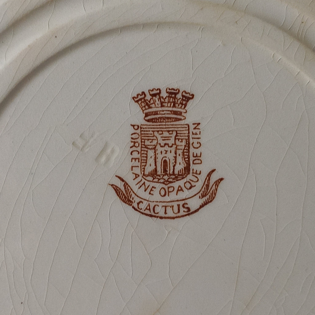 A fabulous pair of French antique ironstone creamy white plates with a sepia transferware pattern called 'Cactus' - these pieces were manufactured by famous French manufacturer Gien. They are wonderfully time-worn with lots of general crazing and horizontal crazing (see photos).