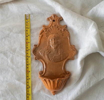 French antique glazed stoneware Holy Water font/stoup with Jesus Christ in relief.